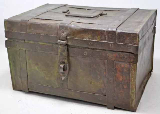 Antique Iron Storage Trunk Box Original Old Hand Crafted Polychrome 3