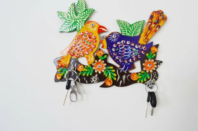 Birds Wooden Key Holder With 4 Hooks Wall Mounted Key Rack For Home And Office
