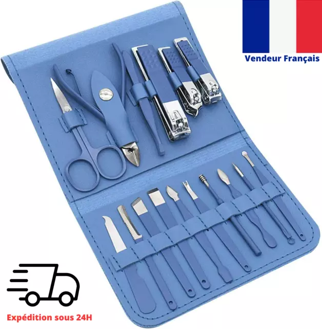 Kit complet : Trousse Manucure, Pédicure-16 pcs acier inoxydable-  bleu ou vert