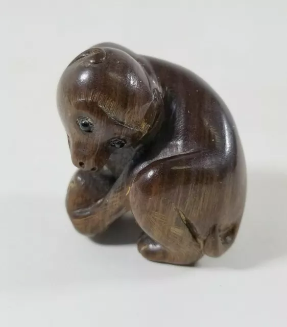 Antique Carved Japanese Netsuke Monkey Signed Inlaid Plaque Rosewood