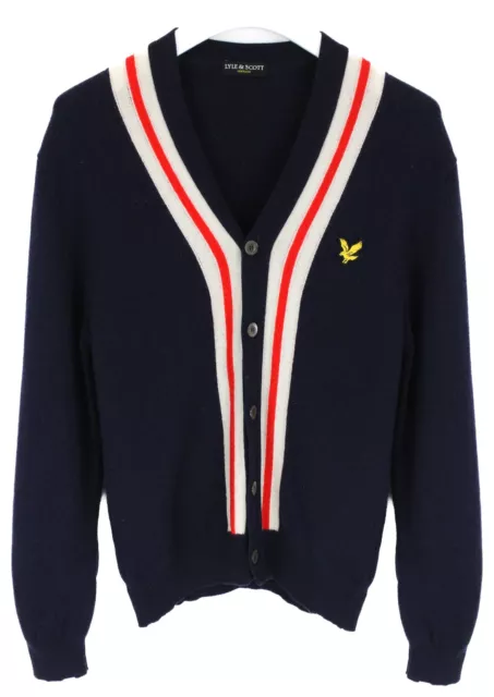Lyle & Scott Maglione Uomo Grande Cardigan Pura Lana Vergine Maglia Blu