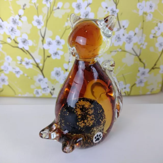 Amber Cat Figurine Paperweight Art Glass Internal Stone/Crystal Heavy Clear 11cm