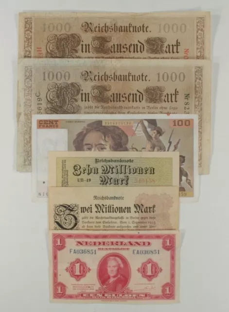 1910-1990 Allemagne, France & Néerlandais 6-Note Currency Kit Mark Franc Gulden