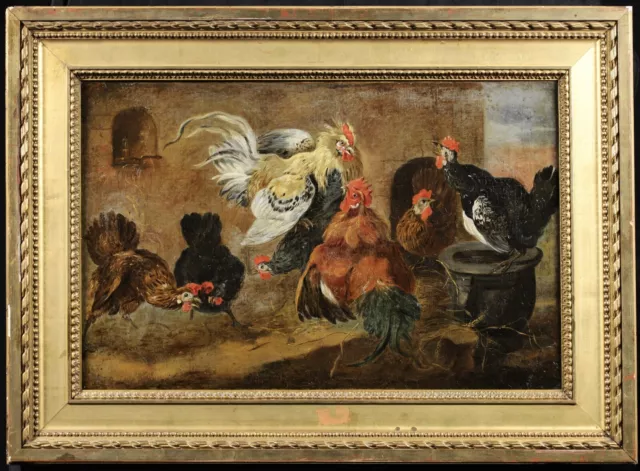 17th CENTURY LARGE ITALIAN OLD MASTER OIL ON CANVAS - CHICKENS IN FARMYARD