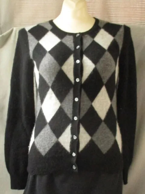 100% CASHMERE Sweater Women's Small Cardigan APT. 9 ARGYLE Black Gray