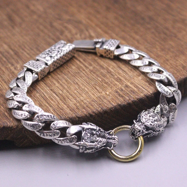 Sterling Silver Men Luck 10mmW Six-word Motto Curb Chain Dragon Bracelet 7.87"L