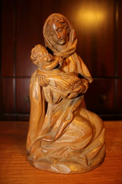 Antique Anri 8" Wood Hand Carved Our Lady Virgin Mary Jesus Statue Sculpture