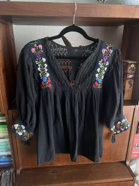 VINTAGE MEXICAN HANDMADE Embroidery Cotton Peasant Poet Sleeve Top ...