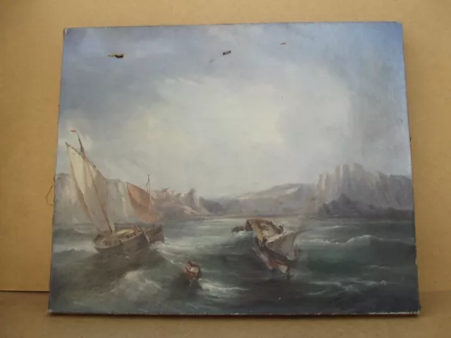 ancien tableau huile sur toile paysage bateaux marins sur la cote tempéte XIX 1