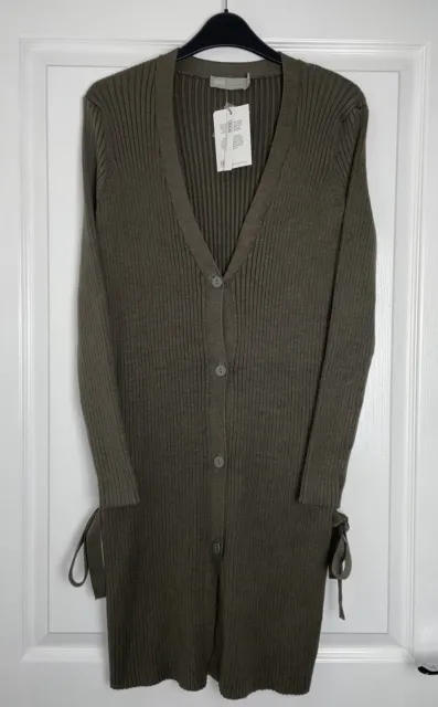 Bnwt Asos Design Khaki Rib Knit V Neck Slit Tie Side Longline Cardigan Size 10