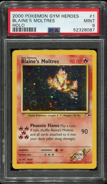 PSA 9 Blaine's Moltres Holo Swirl 1/132 Gym Heroes Pokémon Card WOTC MINT