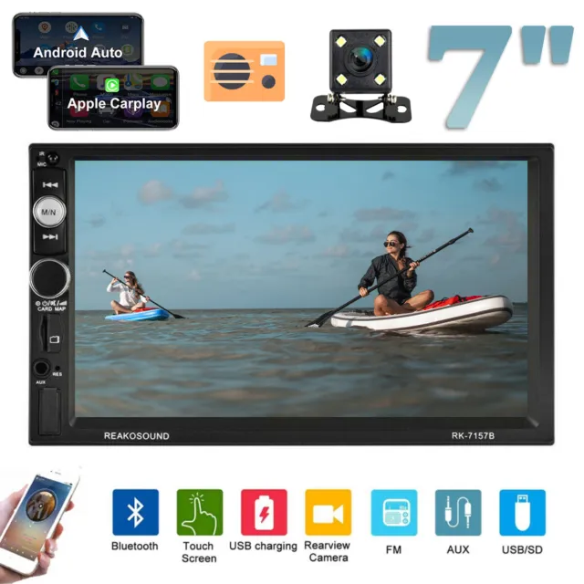 Double 2Din 7'' Touch Screen+Camera Car Stereo Radio Apple/Android Car Play BT