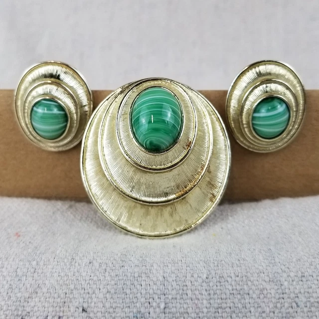 Vintage SARAH COVENTRY Green Malachite Marble Glass Cabochon Brooch Earrings Set