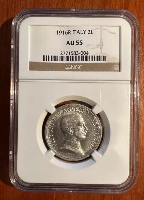 Italy Kingdom  1916-R  2 Lire Silver Coin Almost Uncirculated Ngc Certified Au55