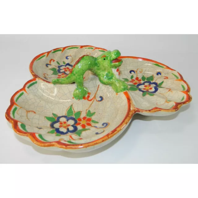 Antique Japanese Crackle Glaze Ceramic Plate Platter Trinket Plate Dragon Figure