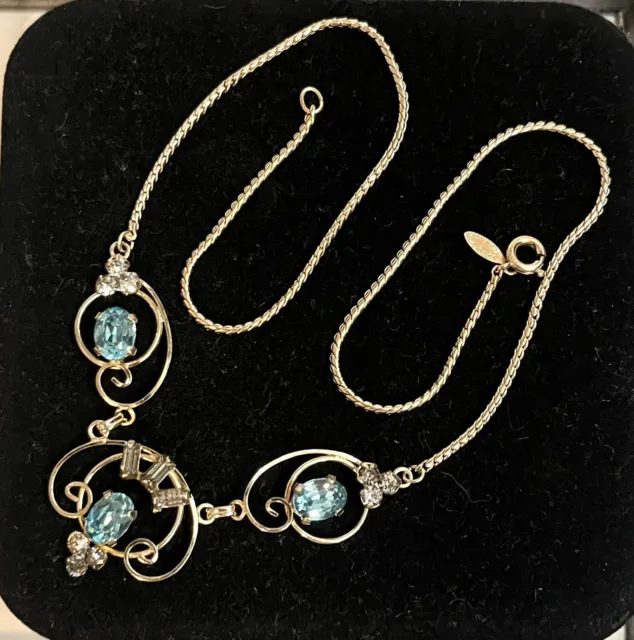 Bright Blue Gem 12k gold filled Art Deco Necklace Gf Vtg 16.5” 8.7g Victorian