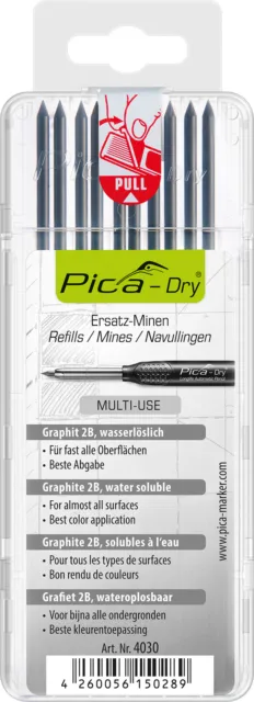 Pica Dry 10x Ersatzminen Multi Use Graphit 2B Minen für Tieflochmarker Baumarker