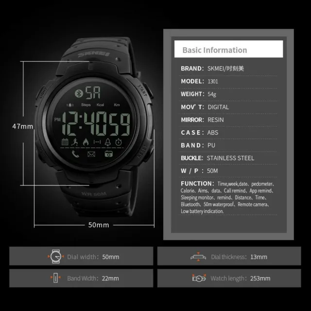 SKMEI Men Sport Watches Fashion Pedometer Calorie Bluetooth LED Smart Wristwatch 3