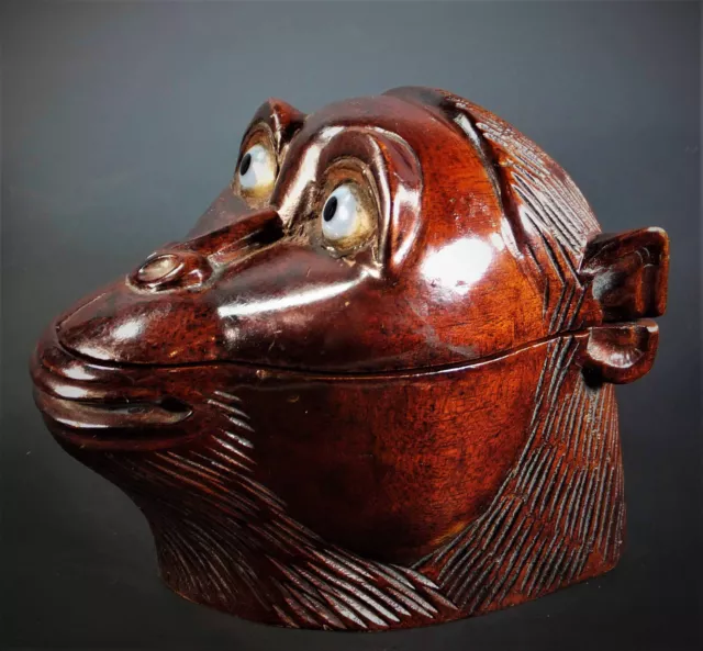 FINE & UNUSUAL LATE 19th. to EARLY 20th. C NOVELTY WOODEN MONKEY'S HEAD INKWELL 3