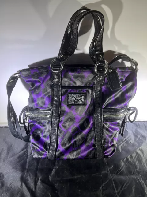 Coach Daisy Ocelot Hobo Shoulder Handbag Pocket Tote F20071 Black & Purple