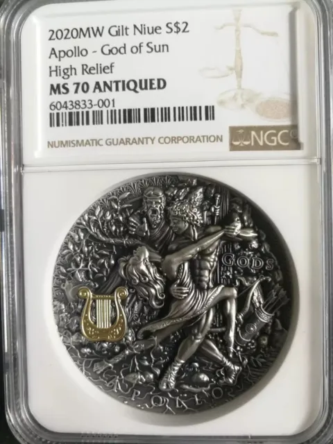 NGC MS70 Niue 2020 God of Sun Apollo High Relief Antiqued Silver Coin 2oz