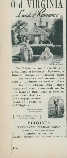 1944 Virginia Land of Romance Williamsburg Golfing Tourism Vintage Print Ad L6