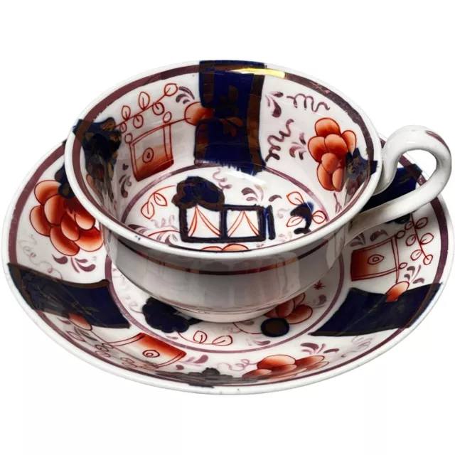 Antique 19th Century Gaudy Welsh Irostone Imari English Tea Cup & Saucer Set 671