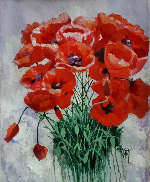 YARY DLUHOS Red Poppy Flower Still Life Garden Floral Original Art Oil Painting