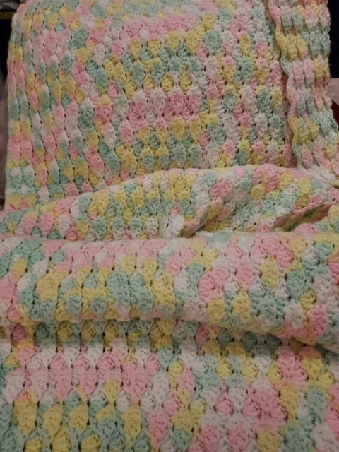 Vntg  Hand Knit Crochet Afghan Baby Blanket Throw Yellow Pink White Green 23x54