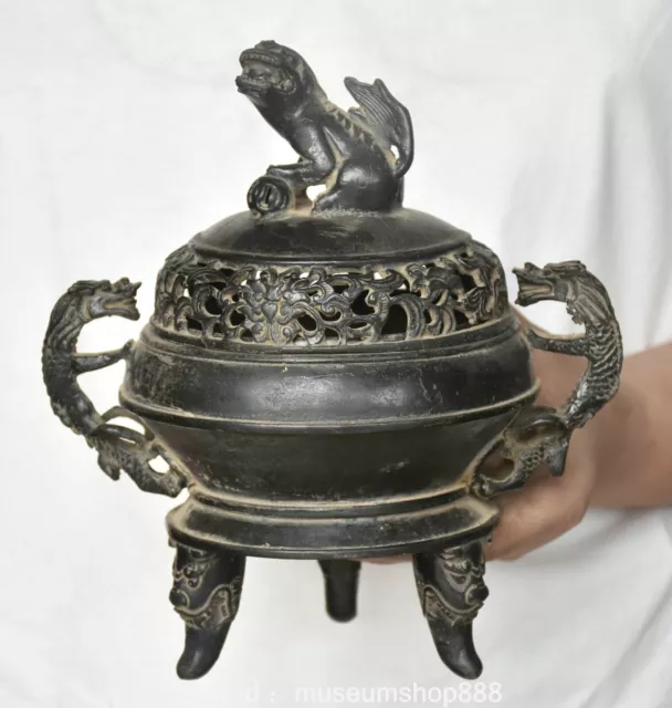 8.8" Marked Old Chinese Bronze Dynasty Palace Pixiu Dragon Ear incense burner