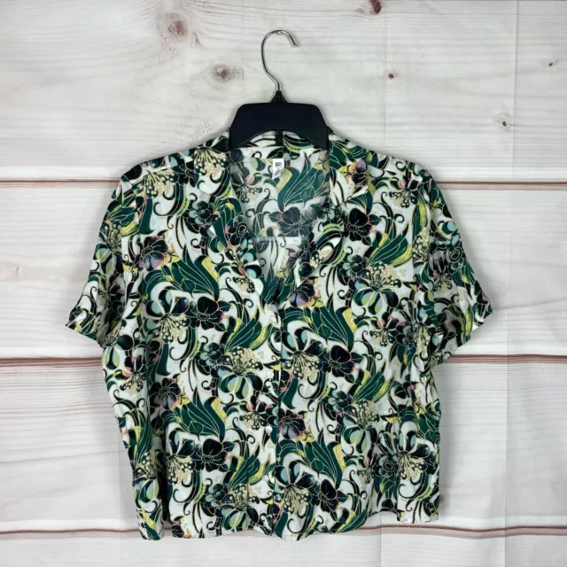 BP Top Womens XS Floral Button Up Crop Shirt Short Sleeve Collar Green Blouse