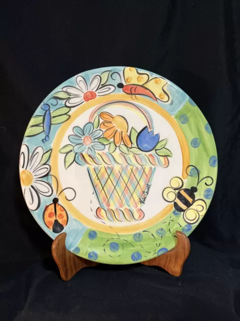 VICKI CARROLL Studio Serving Tray Dish 14.5” Hand Painted Signed Pottery Flowers