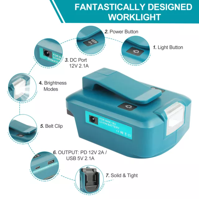 Power Source USB Charging Adapter with Work Light for Makita 14.4V 18V Battery 2