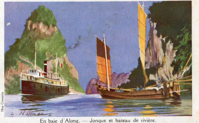 HAFFNER carte illustrée Baie d'Along jonque et vapeur Ligue Maritime Coloniale