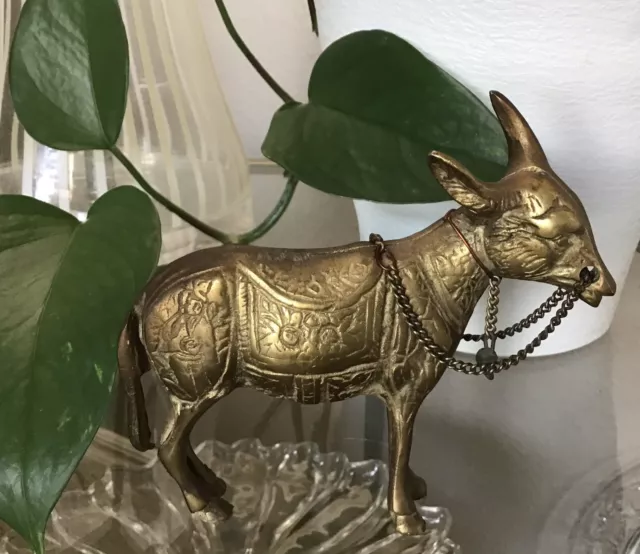 🌼VTG Brass Mule Donkey Demo Burro Figurine 4.5” Tall Saddle Bridle Chain Heavy