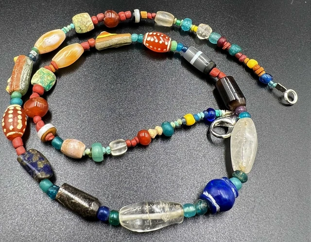 Dzi Vintage Himalayan Indo Roman Glass Lapis Agate Trade Jewelry Old Bead Strand