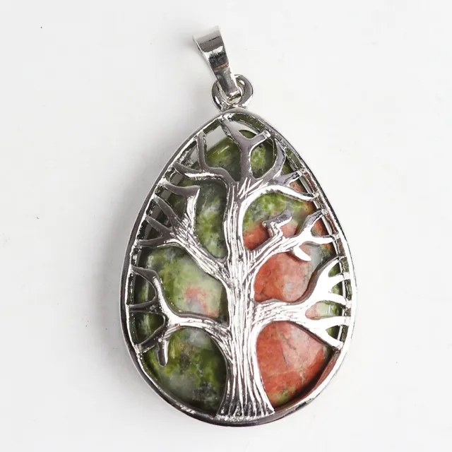 Natural Gemstones Amethyst Teardrop Silver Tree of Life Reiki Chakra Pendant