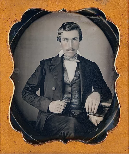 Magic Background Vignette Man Floral Vest Mustache 1/6 Plate Daguerreotype K681