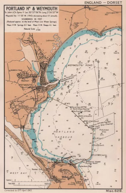 Portland Harbour & Weymouth sea coast chart. Chesil, Dorset. ADMIRALTY 1943 map