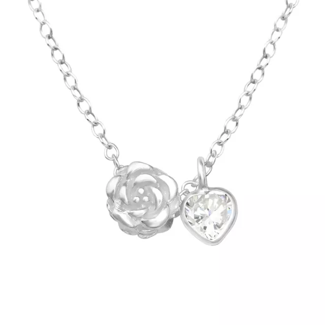 Silver Rose Necklace with Cubic Zirconia CZ —AUS Postage— Jewellery Sterling 925