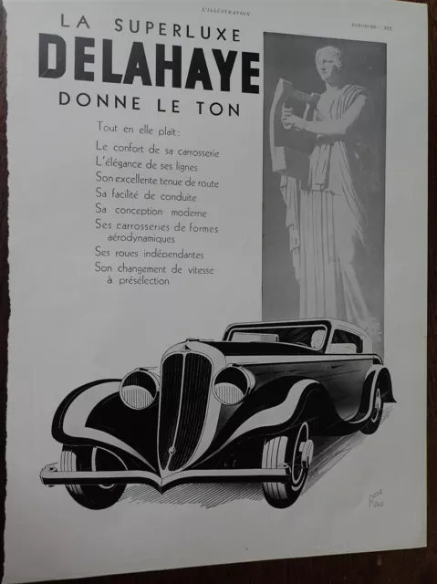 DELAHAYE Superluxe par René RAVO + GIBBS publicité papier ILLUSTRATION 1933