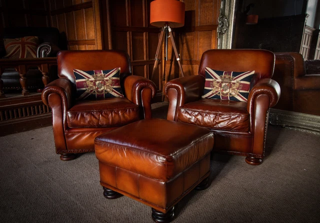 PAIR of TETRAD STORNOWAY ANTIQUED TAN BROWN LEATHER CHESTERFIELD CHAIRS & STOOL