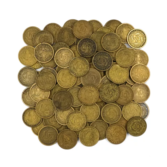 10 Reichspfennig 100 Münzen Lot Jäger Nr.317 Messing