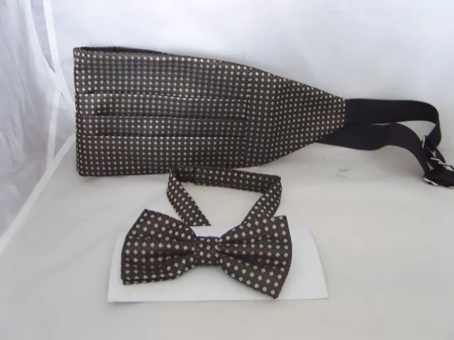 (19) Brown/Gold-Tiny Diamonds Shape-100% Silk Mens Bow Tie and Cummerbund Set