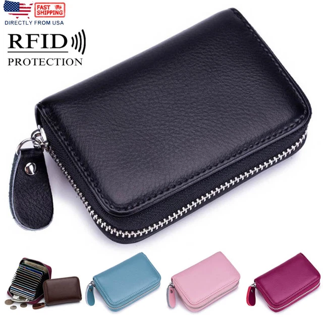 Genuine Leather Men Wallet Credit Card Holder RFID Blocking Zipper Pocket Thin