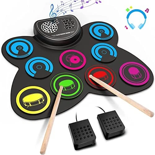Electronic Drum Set,  9 Drum Practice Pad with Headphone Jack, Roll-up Drum