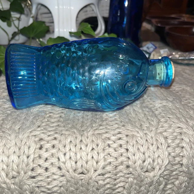Vintage Blue Glass Fischs Bitters Bottle With Cork Stopper Made in Taiwan