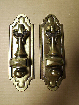 (2) Vintage Brass Finish Drawer Pulls / Handles With Back Plates - Door Pulls