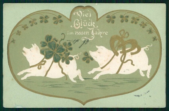 Pig Happy New Year Four Leaf Clover Good Luck Relief postcard TC5009