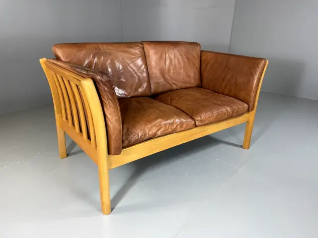 EB5436 Vintage Stouby Danish Tan Leather Two Seat Sofa, MCM, Beech Ends. M2SS